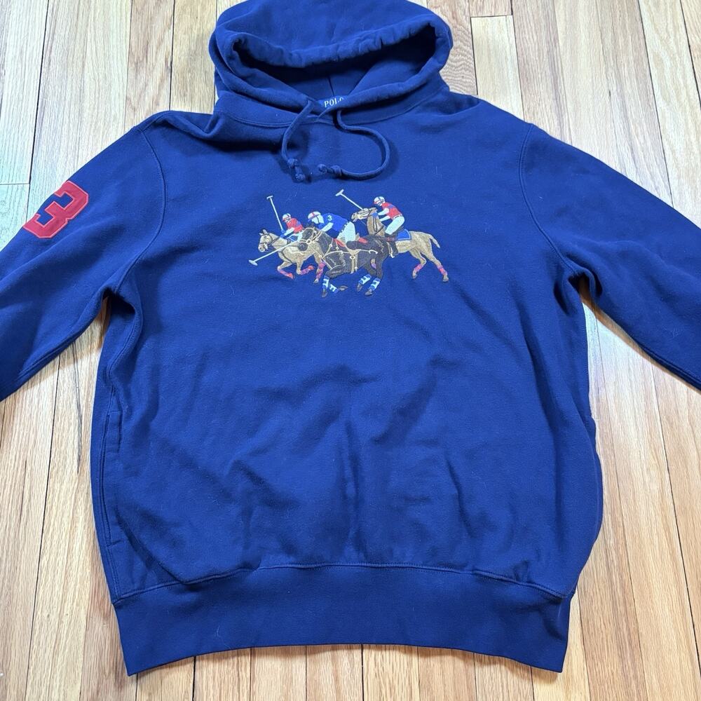 Polo Ralph Lauren Men L Navy Triple Pony Player Fleece Sweatshirt Hoodie Sweater - Picture 4 of 15